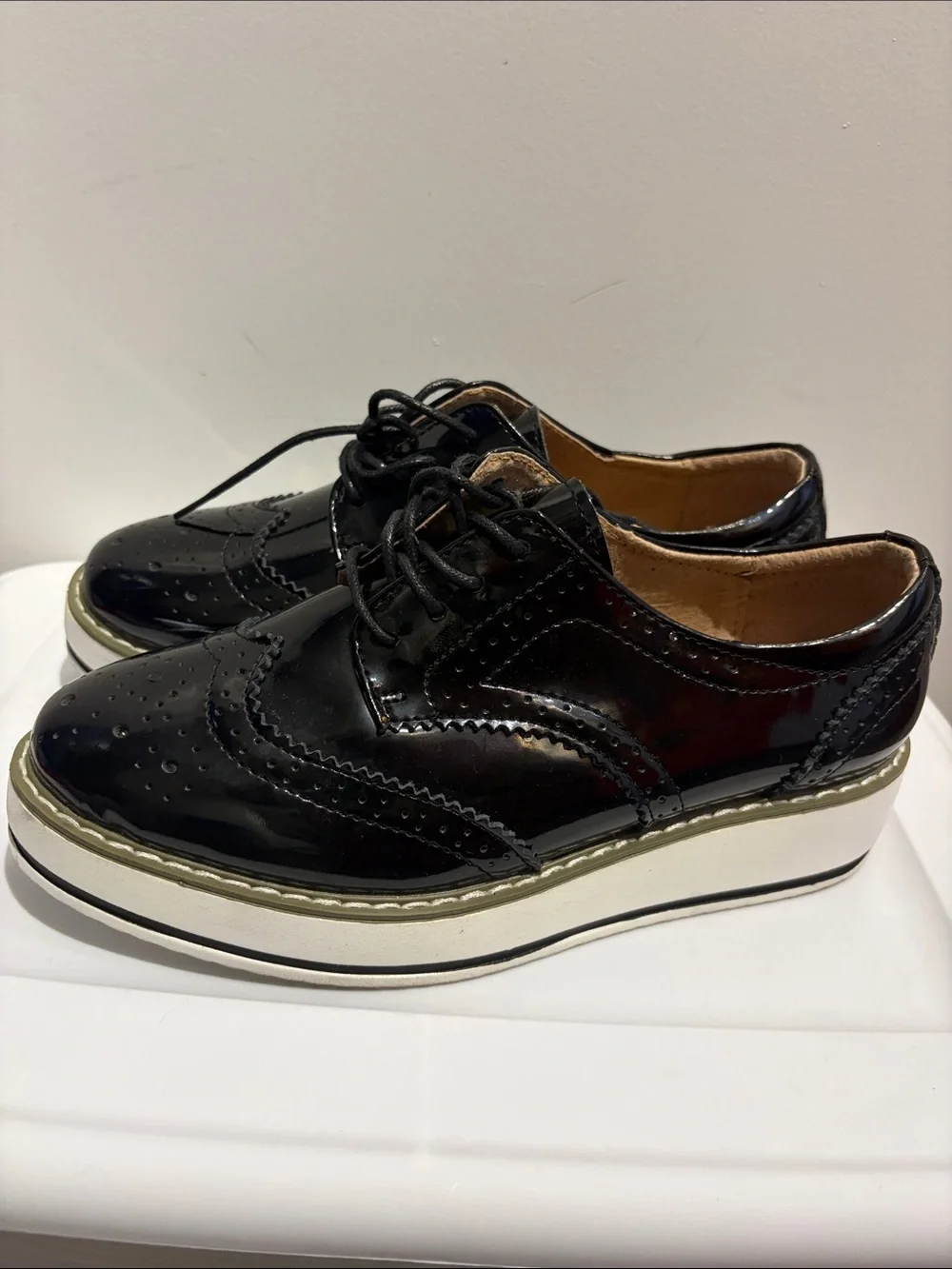 Women’s Black Patent Wingtip Platform Oxfords